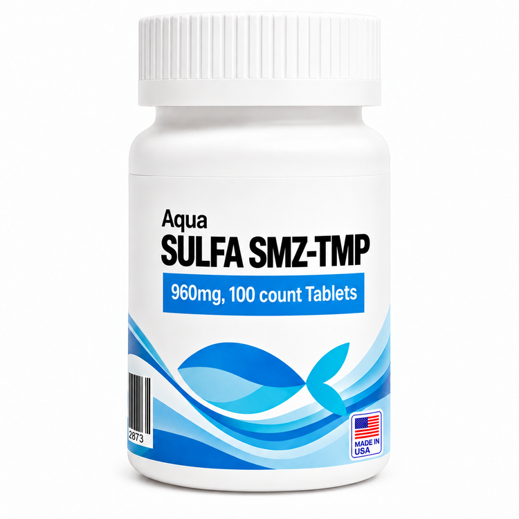 Aquarium Sulfa SMZ-TMP 960mg bottle containing 100 fish antibiotic tablets