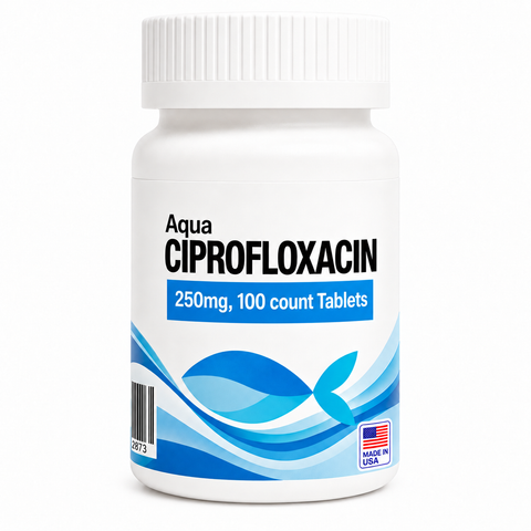 Aquarium Ciprofloxacin 250mg bottle containing 100 fish antibiotic tablets