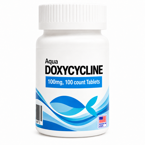 Aquarium Doxycycline 100mg bottle containing 100 fish antibiotic capsules