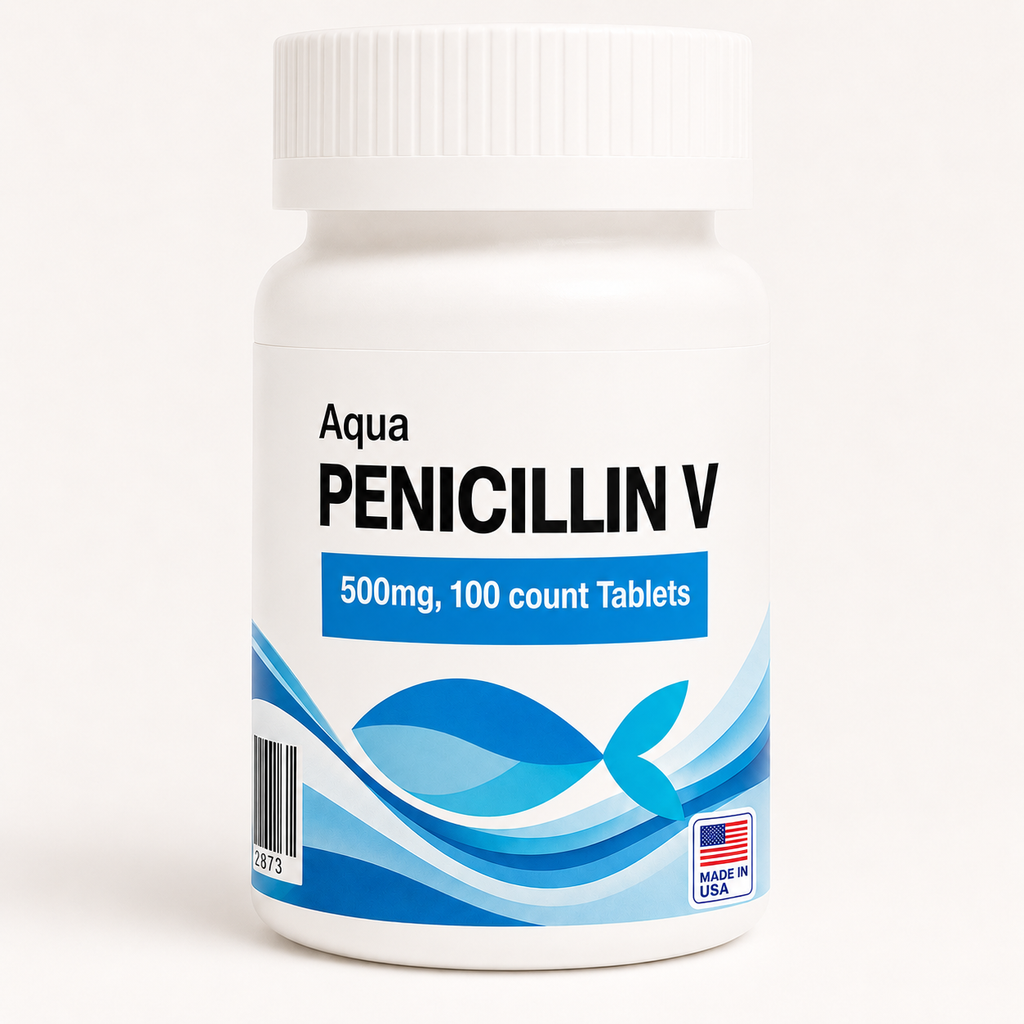 Aquarium Penicillin 500mg Forte bottle containing 100 fish antibiotic tablets